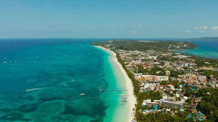 Papier Peint photo Plage blanche de Boracay Tropical white beach with tourists and hotels near the blue sea, aerial view. Summer and travel vacation concept.