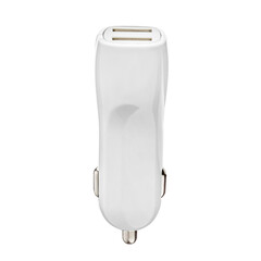 Car charger for mobile phone or smartphone. Connector for a cable for a USB port. Plugs into the car's cigarette lighter. White