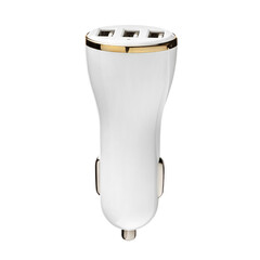 Car charger for mobile phone or smartphone. Connector for a cable for a USB port. Plugs into the car's cigarette lighter. White