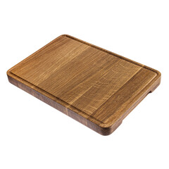 Wood chopping board for cooking in the kitchen at home, in a restaurant, in a cafe. White isolated background. Side view at an angle
