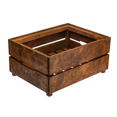 A brown wooden box for storing and transporting goods and products. White isolated background