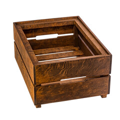 A brown wooden box for storing and transporting goods and products. White isolated background