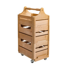 Brown wooden box with handles for storing and transporting goods and products. Several drawers on wheels. White isolated background