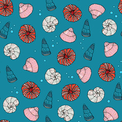 underwater world seamless pattern. Cute marine background with shells. Dodl style, hand-drawing. children's design, packaging. fabric, wrapper.