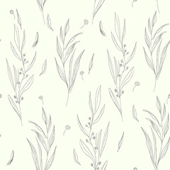 Fototapeta na wymiar floral seamless pattern. Black and white background with wildflowers and herbs. Hand drawing pencil, outline, sketch