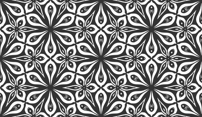 Seamless geometric flower pattern. Vintage black turkish fabric background. Decorative flat geometric arabian retro design. Regular floral elegant petals backdrop. Botanical wrapping paper ornament