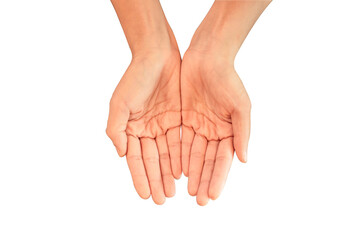 Two hands close together on a white background