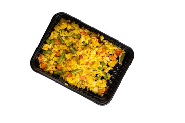 Cooked rice with vegetables. Lunch box with cooked rice and vegetables. Food delivery. Top view. Isolated.