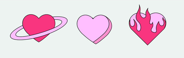 Cartoon style hearts. Set of cute stickers and patches.