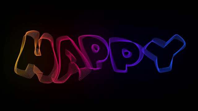happy Creative Typography Text Animation with wavy color lines. 4k motion video animation Waves of liquid lines morphing into patterns. Modern colorful fluorescent Sound wave shape.