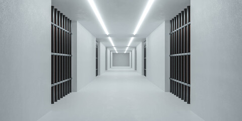 white futuristic prison basement hallway with metal iron doors 3d render illustration