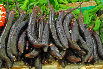 China, Nanjing, eggplants at the Fuzimiao market. - 429882596