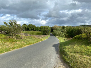 Fototapeta na wymiar Looking along, Black Moor Road, with trees, wild plants, and heavy clouds near, Haworth, Keighley, UK