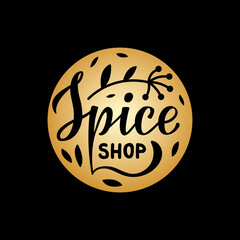 Vector illustration of spice shop lettering for banner, advertisement, signage, catalog, product design. Handwritten creative text with leaves and floral elements
