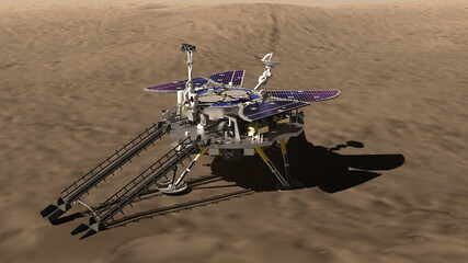 Artist depiction of the Tianwen-1 Mars mission from China. The lander on the surface of Mars. The rover with solar panels and lander ramp deployed. (3d illustration). Some elements provided by NASA. © Raymond