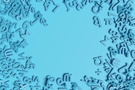 Blue numbers and mathematical symbols background. 3d illustration.