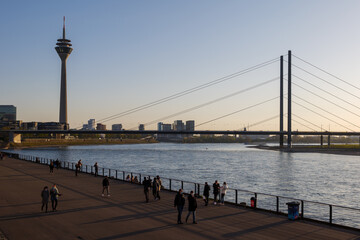 Outdoor view of Rheintreppe, famous staircase at Burgplatz and promenade riverside of Rhine River, without people during lockdown by epidemic of COVID-19 virus in Düsseldorf, Germany.