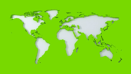 Green World map cutout engraved on white background 3D illustration
