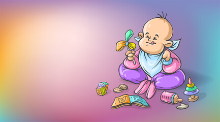 Baby boy infant playing with toys on the floor. Human kid growth. Hand-drawn cartoon character with outline contour. Vector illustration.