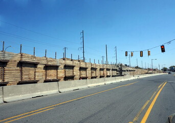 Highway Retaining Wall Under Contruction on Spring Day
