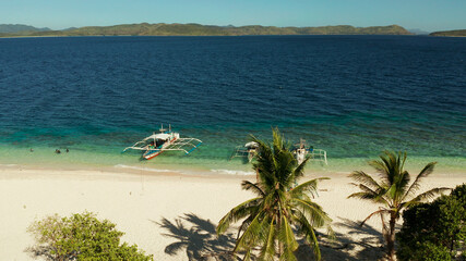 aerial drone tropical island and sand beach with palm trees. Malajon Island, Philippines, Palawan. tourist boats on coast tropical island. Summer and travel vacation concept. beach and blue clear sea