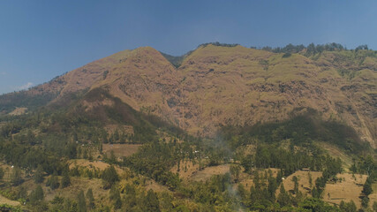 Fototapeta na wymiar mountains with farmlands, village, fields with crops, trees. Aerial view mountain landscape slopes mountains covered with green forest. Java, Indonesia.