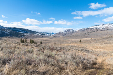 Okanagan Valley natural grasslands with snow-capped mountains and blue sky - obrazy, fototapety, plakaty