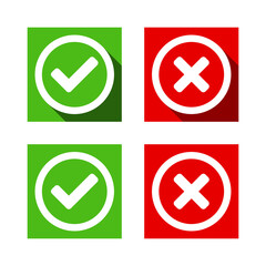 Yes and No or Right and Wrong Green and Red Choice or Rating Push Button Icon Set with Checkmark and X Cross Symbols and Shadow. Vector Image.