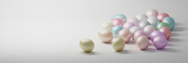 Easter banner with many Easter pastel colored eggs on white background
