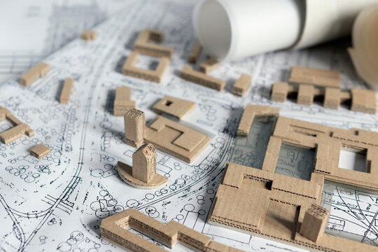 Plan miasta, projekt urbanistyczny w formie makiety 3d. Nieruchomości. Budownictwo. Mieszkania.