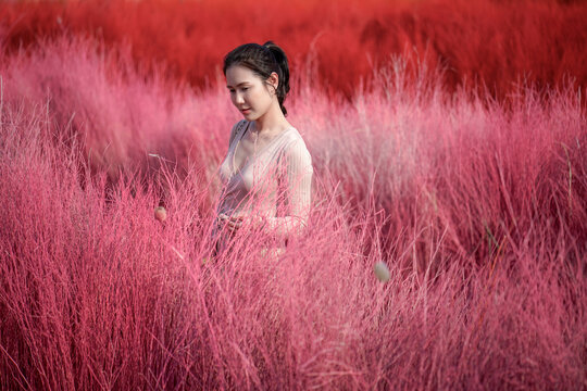 Portrait of young Asian girl is standing in red dry grass field in summer. Portrait of a young woman outdoor.