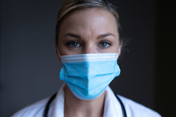 Portrait of caucasian female doctor wearing mask looking to camera