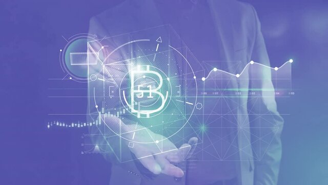Bitcoin virtual infographics on a man's palm.