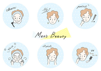 男性の顔のイラストと美容アイテム　メンズ美容