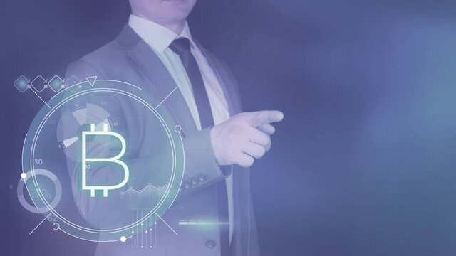 Businessman and infographics about bitcoin in augmented reality.