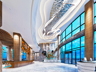 3d render luxury hotel reception lobby hall - obrazy, fototapety, plakaty
