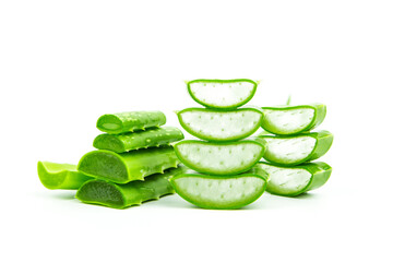 Aloe vera, Close-up slices of green fresh aloe vera plant stacked and aloe vera stalk or leaves with water dropping isolate on white background.