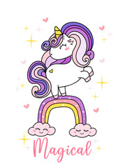 cute Unicorn magical purple on rainbow, simple doodle outline cartoon vector illustration