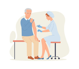 Time to vaccinate - doctor vaccinates an elderly man. Good immunity, vaccination for COVID-19, or influenza.