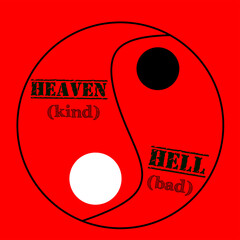 Vector images of Yin Yang symbol with quotes "Heaven and Hell" on red background