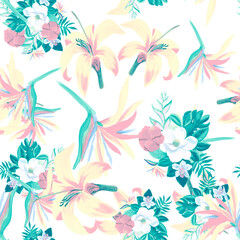 Fototapeta na wymiar Green Seamless Plant. Blue Pattern Illustration. Coral Flower Leaves. PinkTropical Hibiscus. Fuchsia Watercolor Background. Summer Plant. Decoration Foliage.