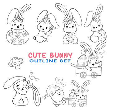 Cute digital stamp spring Easter bunny cartoon outline, coloringpage or digital brush