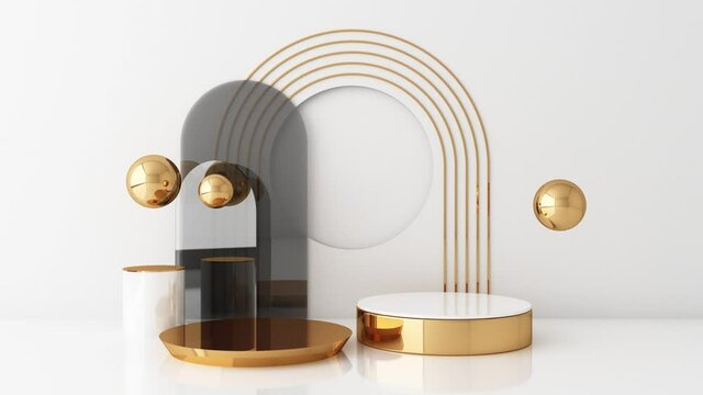 Mock up geometric shape gold and glass texture with white color podium for product design, 3d rendering, 3d illustration animation loop