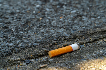 Cigarette stub of white on black cement