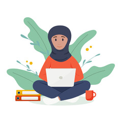 Fototapeta na wymiar Muslim woman works at a laptop. Freelance concept.