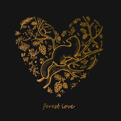 Golden heart of nature concept vintage art style. Sable wildlife in golden forest 