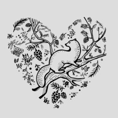 heart of the forest. Branches, herbs, leaves forming heart. Vector illustration for card