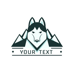 Husky with mountains, stylized image. Vector logotype
