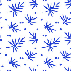 juniper twigs seamless pattern, siberian style, vector illustration