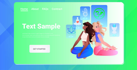 mix race women sitting lotus pose yoga workout wellness program recreation meditation concept horizontal